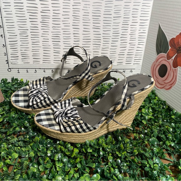 G by Guess Shoes - G by Guess Black and White Gingham Knot Espadrille Wedge Sandals